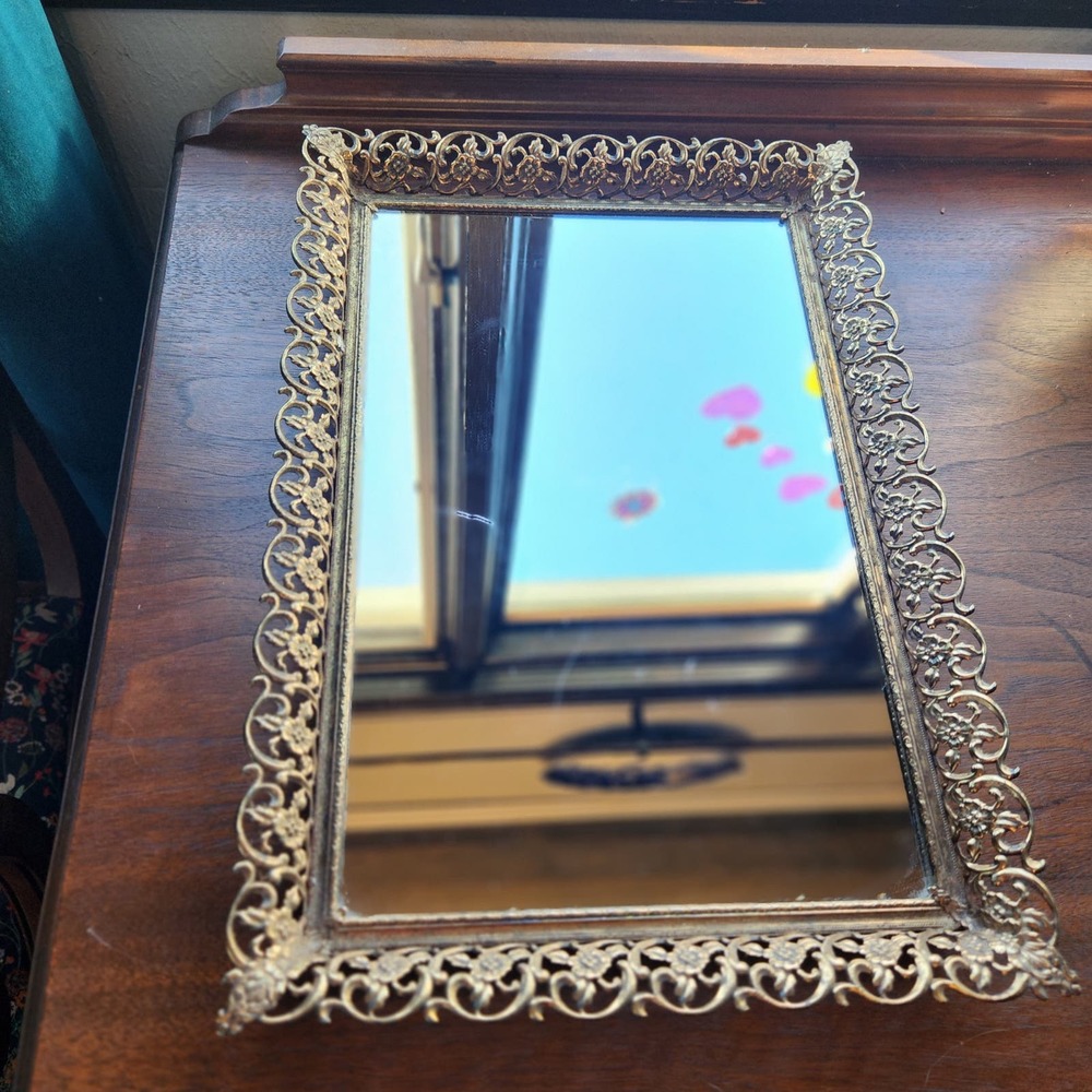 Mirror Hollywood Regency Styled, Vanity, Metal Framed, footed bottom